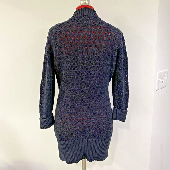 Adolfo Black M Lacy Knit Tunic Sweater Mini Dress Quarter Zip Ribbed Hem Cotton - Picture 7 of 10